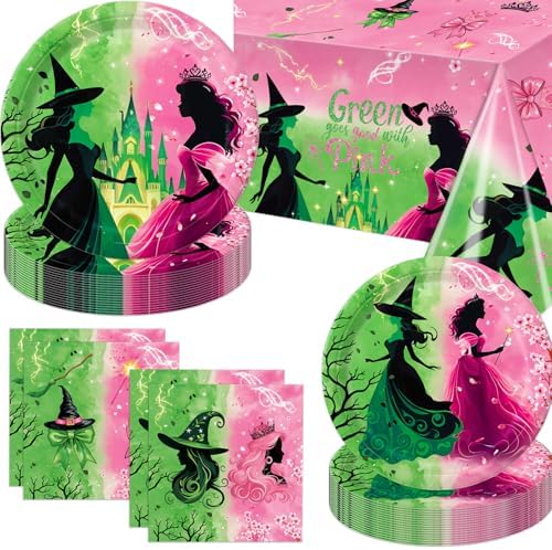 41 PCS Pink Green Witch Party Decorations Plates Napkins Tablecloth
