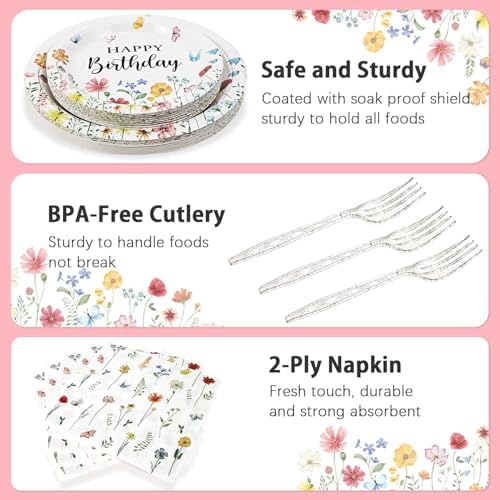 100Pcs Wildflower Party Plates Set for 25 Guests