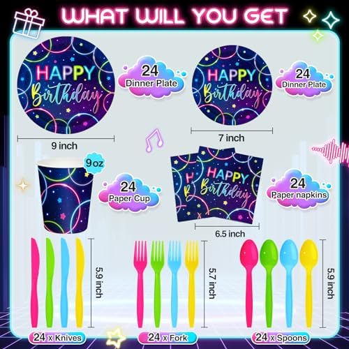 Meanplan Neon Birthday Party Tableware Set for 24 Guests