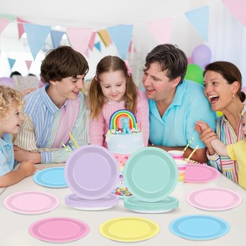 48Pcs Pastel Rainbow Paper Plates for Parties