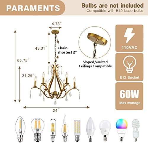 24 Inch Gold Chandelier with 6 Crystal Lights