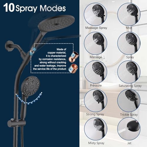 High Pressure Shower Head with Handheld and Slide Bar Combo - Matte Black