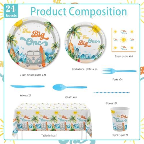 MEHOFOND 193Pcs Surf 1st Birthday Decorations Set