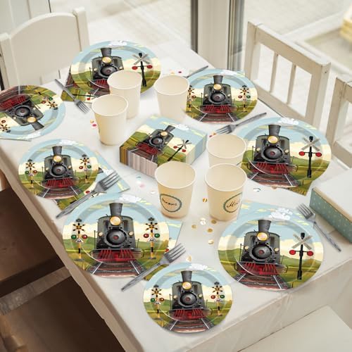 96 Pcs Train Paper Plates Napkins Forks Party Set