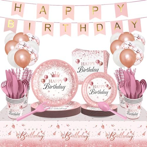 212Pcs Pink Rose Gold Plates Napkins Birthday Party Set