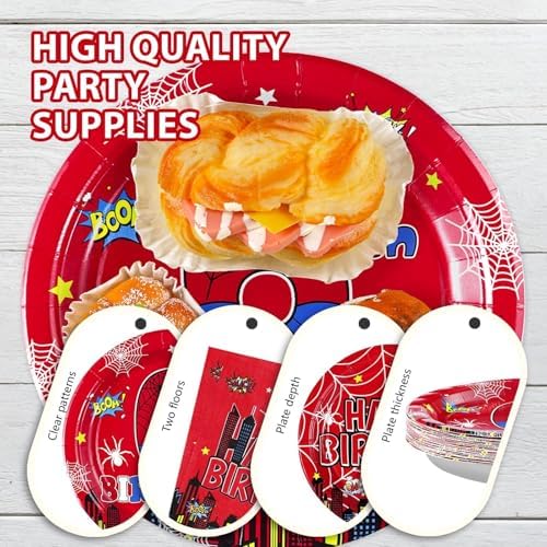 Grencian 96Pcs Spider Birthday Plates Set for 6th Birthday Celebrations