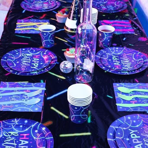 Meanplan Neon Birthday Party Tableware Set for 24 Guests