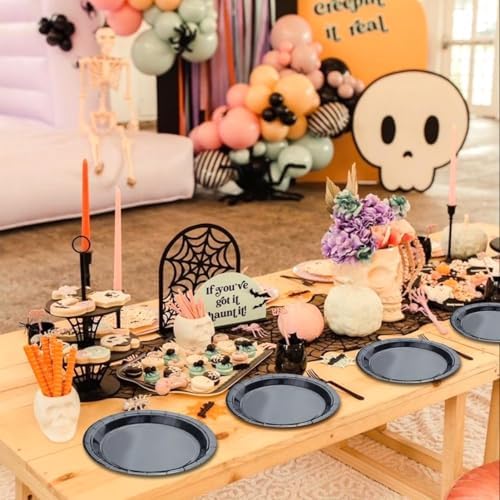 50 Pcs Black Paper Plates 9 Inch Disposable Round Bulk Dinnerware
