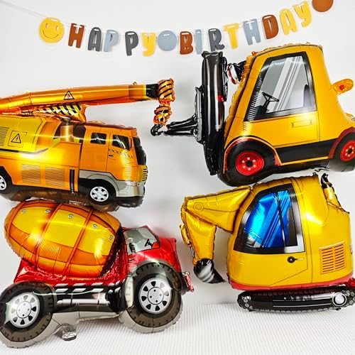 4PCS Construction Foil Balloons for Kids Birthday Party Decorations
