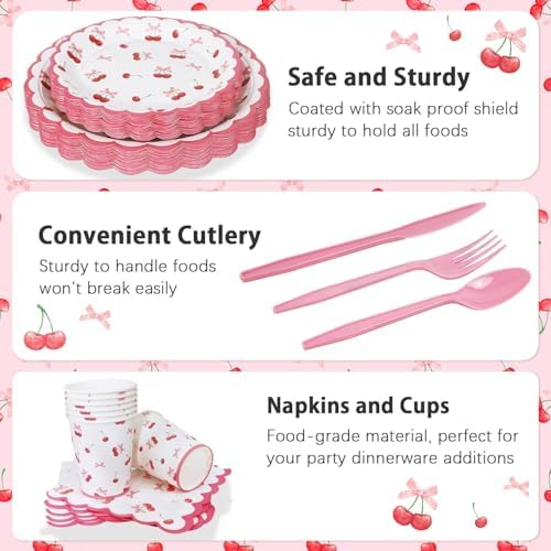 Cherry Themed Party Plates Set 175pcs for 25 Guests