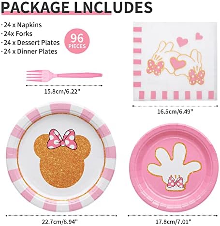 96 Pcs Minnie Tableware Set for 24 Guests Pink Theme Party Supplies