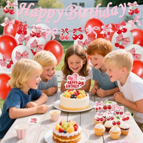 Cherry Birthday Decorations Set with Banners and Balloons