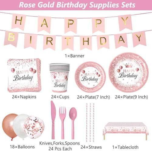 212Pcs Pink Rose Gold Plates Napkins Birthday Party Set