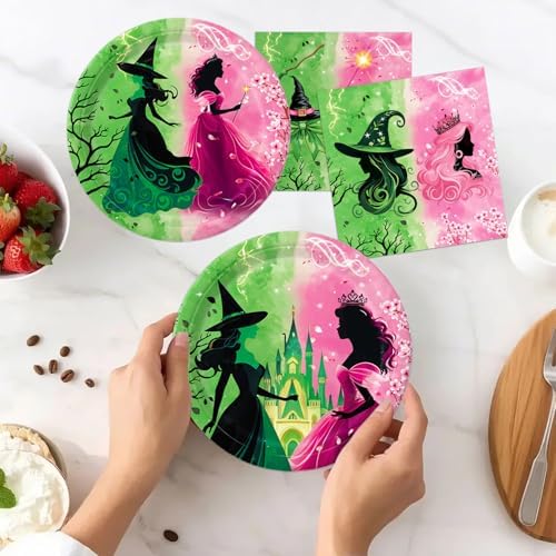 41 PCS Pink Green Witch Party Decorations Plates Napkins Tablecloth