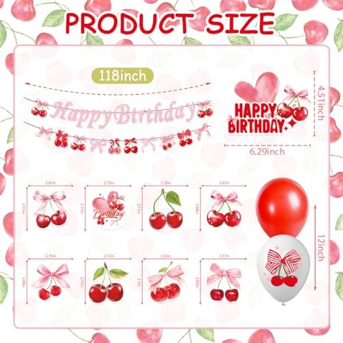 Cherry Birthday Decorations Set with Banners and Balloons