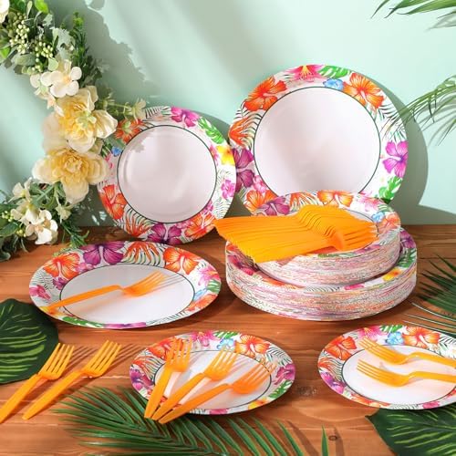 Skybooly 180 Pcs Summer Hawaii Paper Plates and Forks Set
