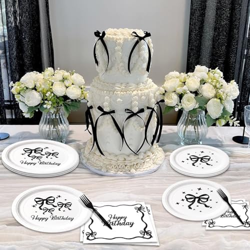 Black Bow Birthday Tableware Set - 96Pcs for 24 Guests