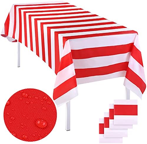 Elcoho 4 Pack 54x107 Inch Plastic Red White Stripes Carnival Circus Tablecloths
