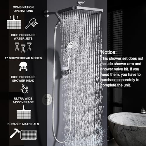 14 Inch Rainfall Shower Head with 8 Handheld Spray and Power Wash