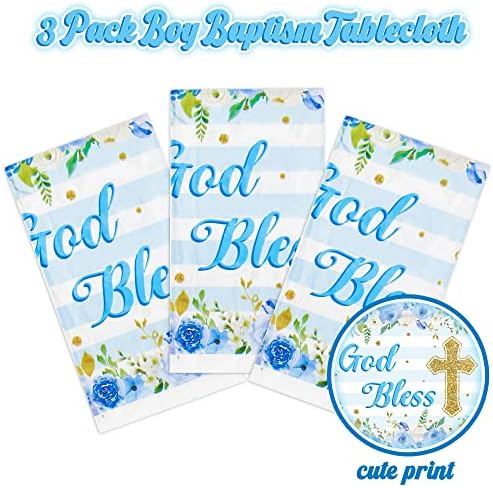 3 Pack Blue Baby Boy Baptism Tablecloths Flower Theme Waterproof