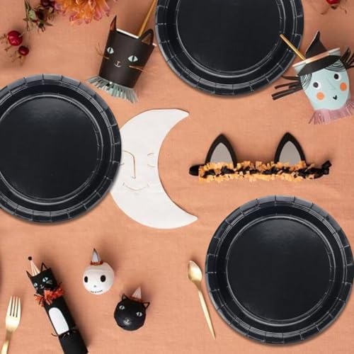 50 Pcs Black Paper Plates 9 Inch Disposable Round Bulk Dinnerware