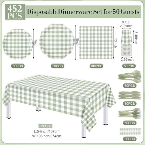 452 Pcs Sage Green Gingham Party Decorations