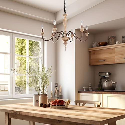 French Country 6-Light Chandelier with Distressed Wood Design