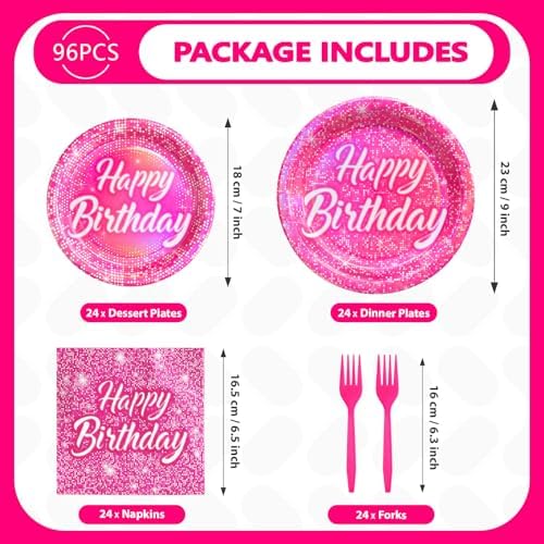 96Pcs Hot Pink Iridescent Party Tableware Set