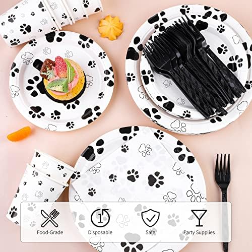Durony 121 Piece Black Paw Print Party Tableware Set