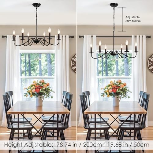 Black 6-Light Farmhouse Chandelier with Adjustable Height