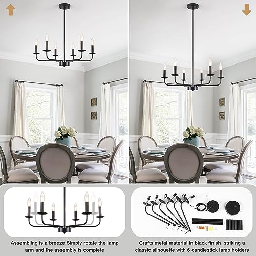 Matte Black 6-Light Chandelier for Bedroom and Living Room