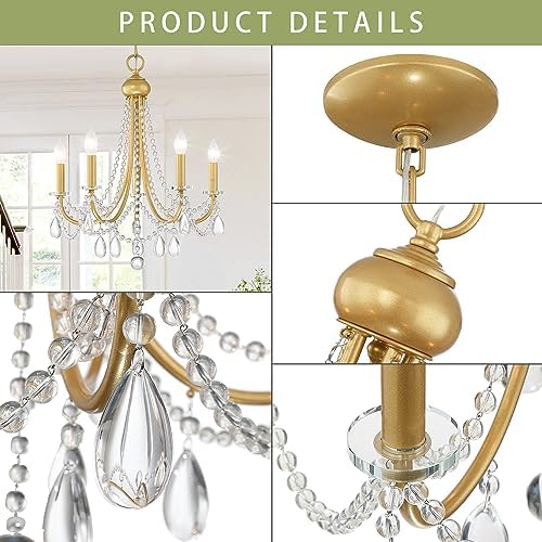 Giiland 5-Light Farmhouse Chandelier with Crystals Gold Pendant Light