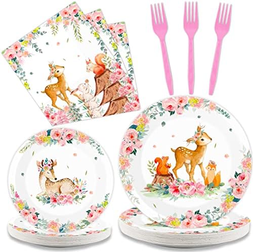 Tevxj 96PCS Woodland Baby Shower Tableware Set for 24 Guests