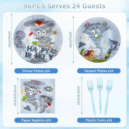 96 Pcs Tornado Themed Birthday Party Tableware Set for 24 Guests