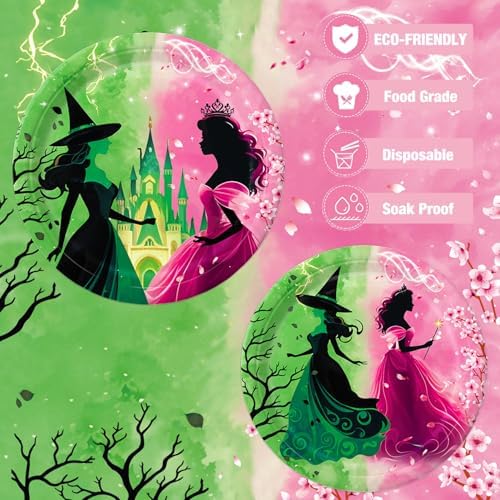 41 PCS Pink Green Witch Party Decorations Plates Napkins Tablecloth
