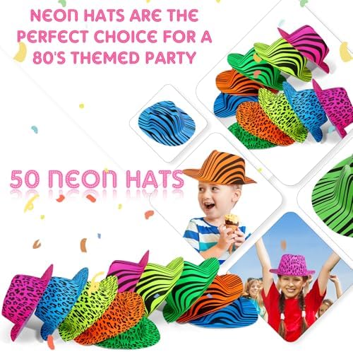 50 Piece Animal Print Neon Party Hats for Kids Adults