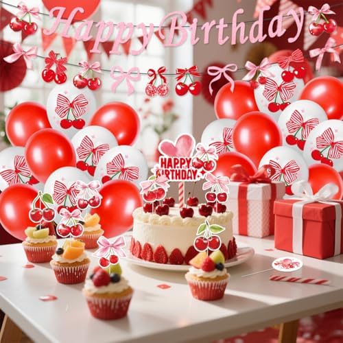 Cherry Birthday Decorations Set with Banners and Balloons