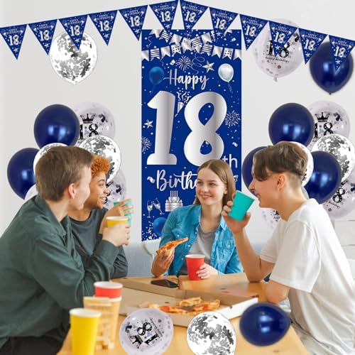 18th Birthday Decorations for Boys Girls Blue Silver Set