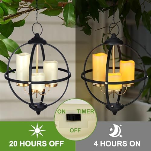 Battery Operated Outdoor Candle Chandelier in Black and Gold