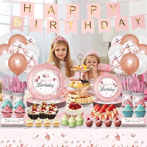 212Pcs Pink Rose Gold Plates Napkins Birthday Party Set
