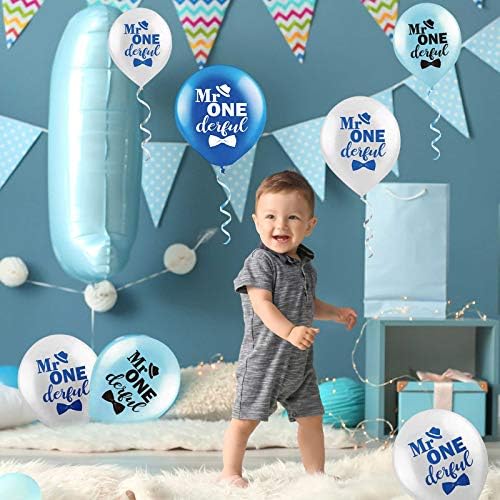 Sumind 45 Pcs 12 Inch Mr Onederful Birthday Balloons Blue White with Ribbons