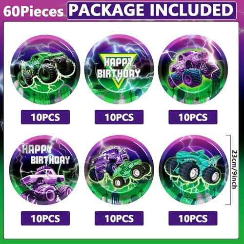 CHUNNIN 60Pcs Monster Truck Party Plates 9in Racing Car Theme