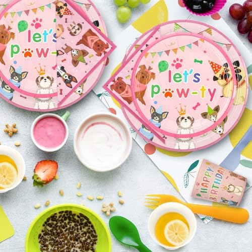 Pink Dog Birthday Plates Cups Napkins Set 96 Pcs