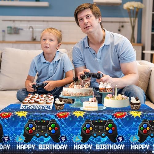 Gamer Birthday Party Tablecloth 3pcs Blue Game Theme Decor