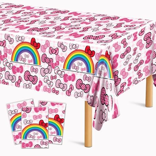 3Pcs Pink Bow Tie Birthday Decorations Cartoon Cat Tablecloths for Kids Party Supplies
