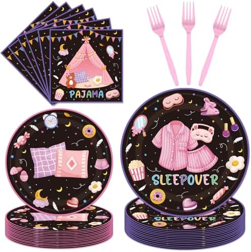 96PCS Pajama Party Plates Napkins Set for 24 Guests