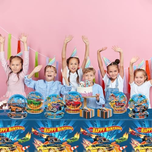 98 Pcs Race Car Party Plates Napkins Tablecloths for Kids Birthday