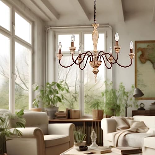 French Country 6-Light Chandelier with Distressed Wood Design