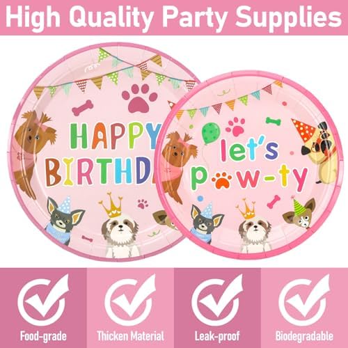 Pink Dog Birthday Plates Cups Napkins Set 96 Pcs