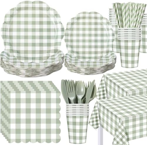 452 Pcs Sage Green Gingham Party Decorations
